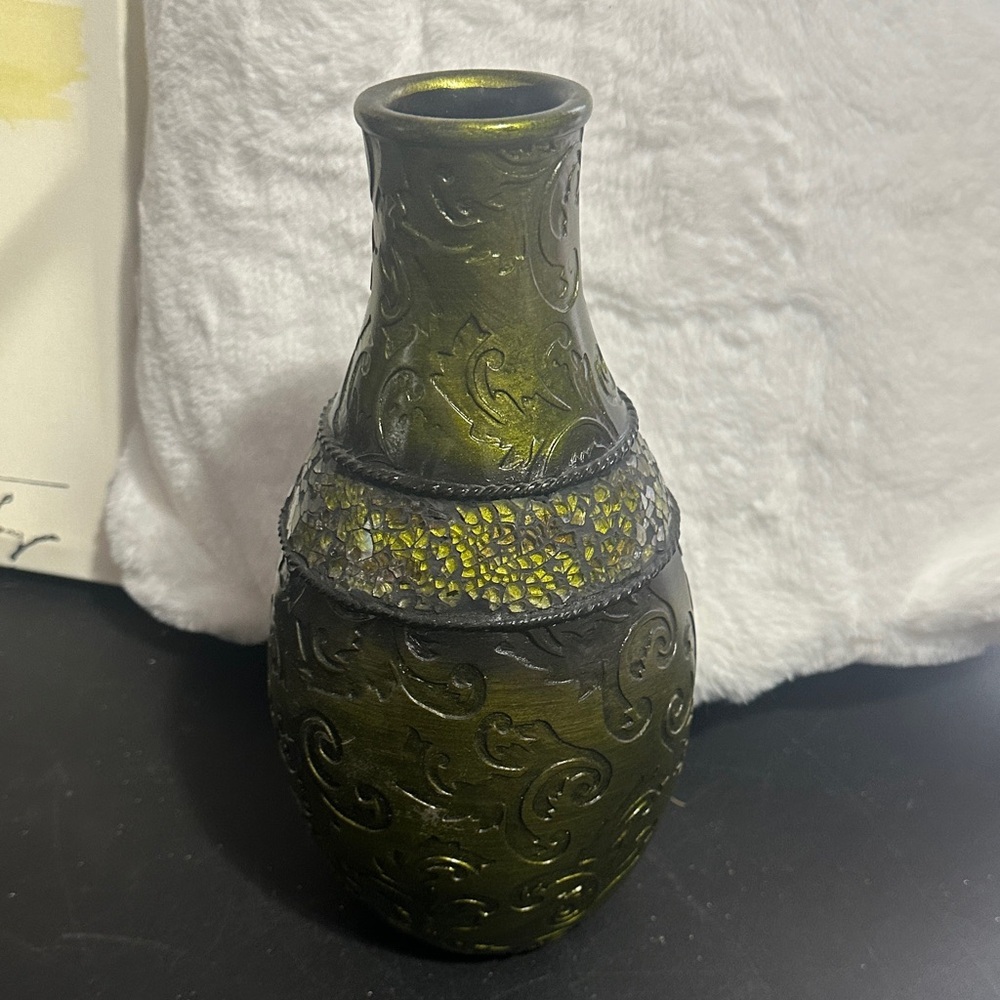 Wooden vase dark olive-green color with a glass decor